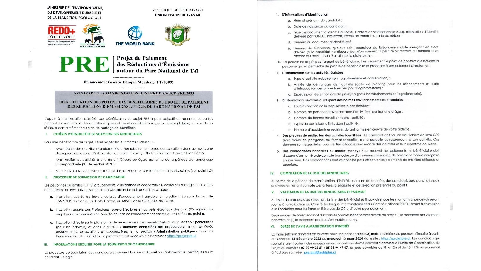 AVIS D’APPEL A MANIFESTATION D’INTERET POUR LE RECENSEMENT DES BENEFICIAIRES DU PROJET DE PAIEMENT DES REDUCTIONS D&rsquo;EMISSIONS AUTOUR DU PARC NATIONAL DE TAÏ (PRE)