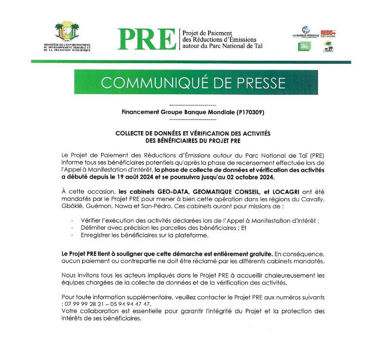 Communiqué de presse – Collecte de données et vérification des activités des bénéficiaires du projet PRE