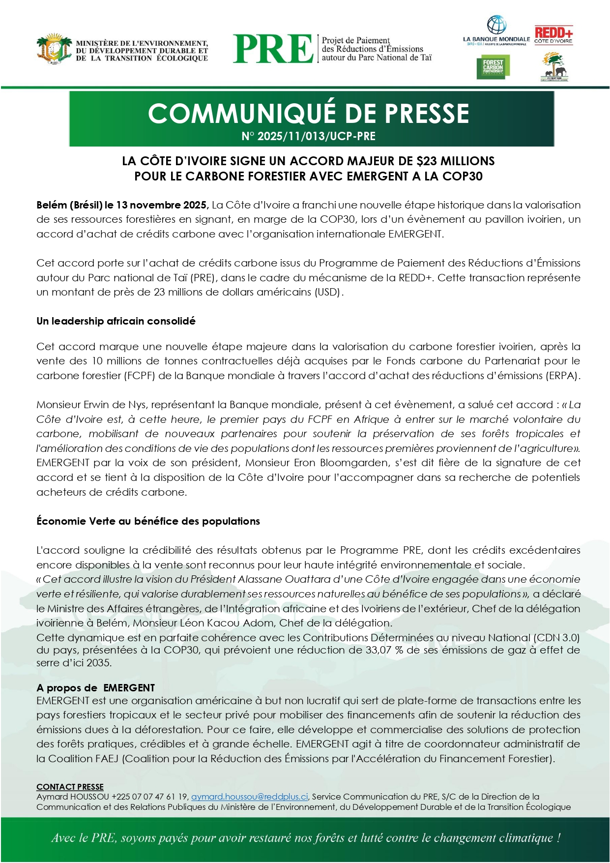 COMMUNIQUÉ DE PRESSE : LA CÔTE D’IVOIRE SIGNE UN ACCORD MAJEUR DE $23 MILLIONS POUR LE CARBONE FORESTIER AVEC EMERGENT A LA COP30